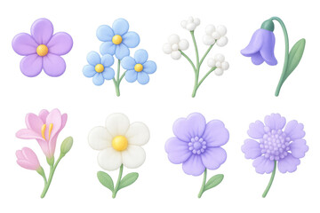 3d y2k floral icons set – blossoms, petals, garden, spring, nature, colorful. 3D icon set