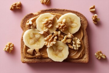 Fototapeta premium Delicious toast topped with creamy peanut butter, fresh banana slices, and crunchy walnut pieces on a soft pink background for a vibrant food presentation