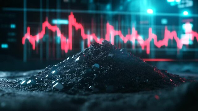 A small yet highly valuable pile of refined rare earth minerals glowing under factory lights, with a digital stock market graph overlay symbolizing global demand.