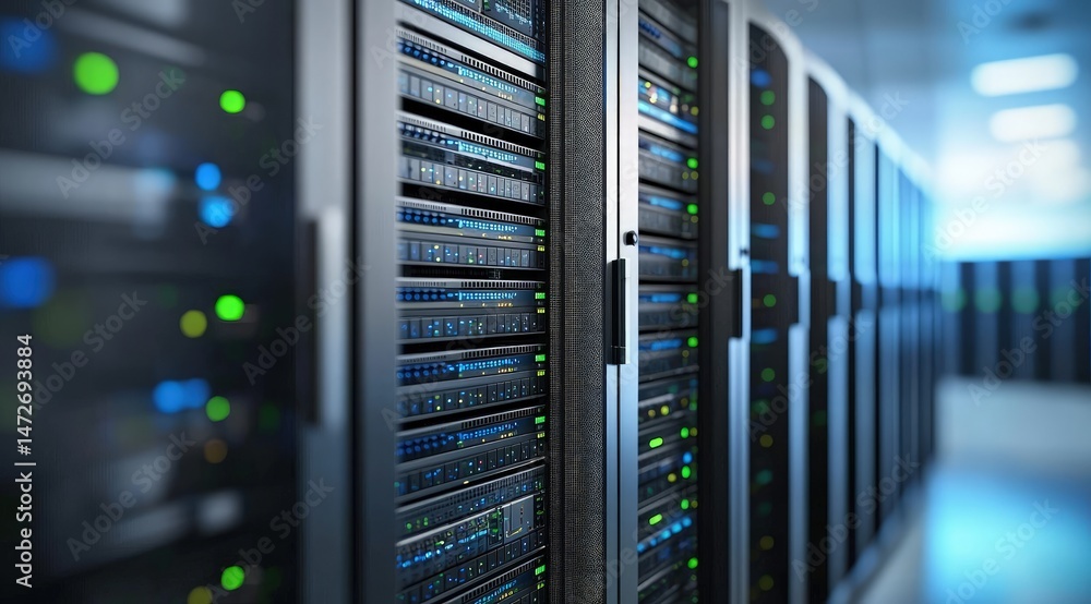 Poster Closeup of black server racks with active green and blue LED indicators in a modern data center hallway. Ideal for network infrastructure, secure hosting, and IT services