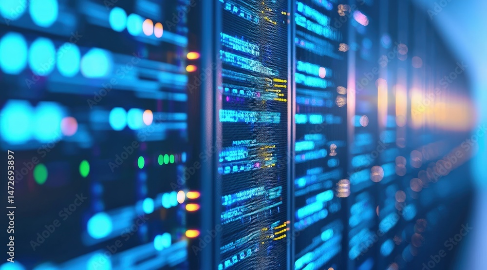 Poster Defocused glowing lights and digital signals across futuristic server racks in a vibrant data center. Great for illustrating speed, cloud computing, and digital technology