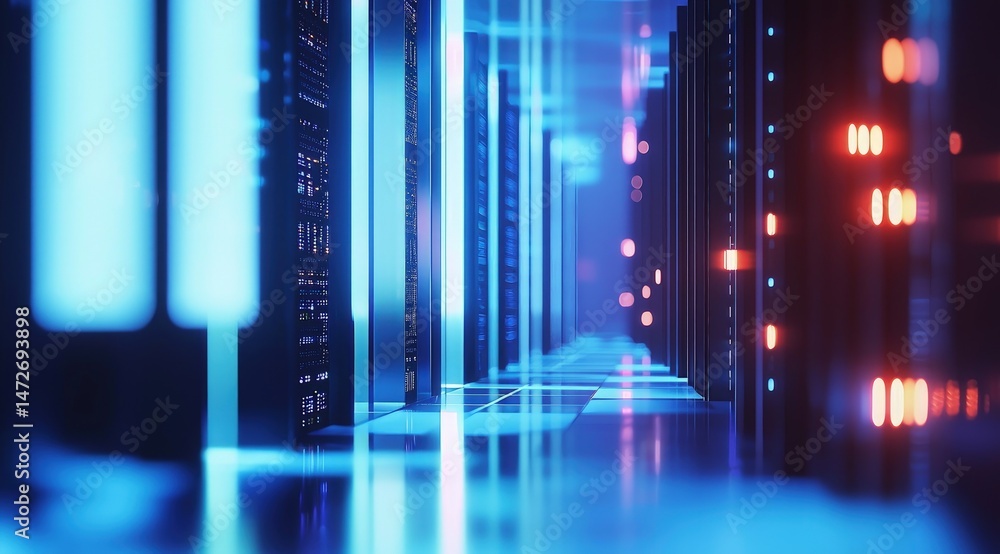 Leinwandbilder futuristic hallway lined with glowing blue server racks under neon lights. useful for ai infrastruct