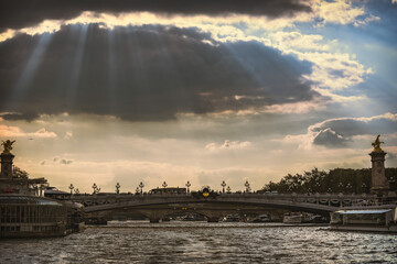 Panoramic sunset view on bridge in Paris