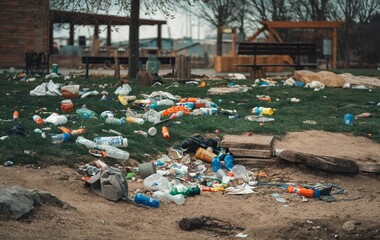 A polluted park filled with trash and garbage