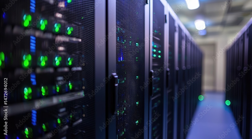 Poster data center hallway with glowing server cabinets and ceiling lights. excellent for themes related to