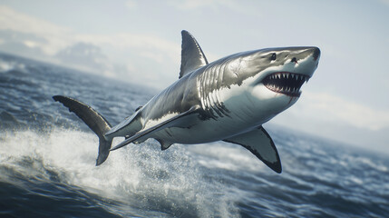 Fototapeta premium Great white shark jumping out of the ocean against blue sky 