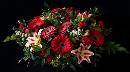 A beautiful bouquet of flowers, artfully arranged with a mix of vibrant blooms like roses, lilies, daisies, or peonies