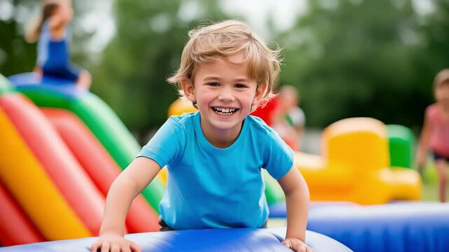 A laughing kid in blue shirt tackles a bouncy course during a summer fair. Concept of energetic fun and healthy development.