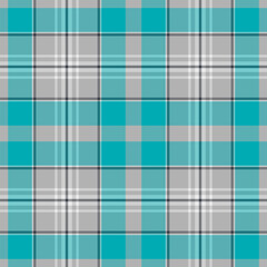 Intricate vector textile background, bandanna tartan plaid seamless. Styling check pattern fabric texture in cyan and light gray colors.
