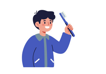 A cheerful young man holds a toothbrush, celebrating Dentist Day 2025. Bright, friendly illustration with a modern style.