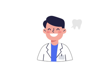 A cheerful young man in a white coat smiles with a tooth graphic, celebrating Dentist Day 2025. Modern, flat illustration style. Perfect for health and wellness promotions.