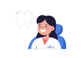 A cheerful young woman in a dentist's chair smiles, with a stylized tooth graphic. Celebrating Dentist Day with a bright, friendly illustration. Perfect for healthcare promotions.