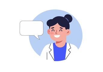 Cheerful dentist celebrates Dentist Day 2025! A smiling female dentist in a white coat with a speech bubble displaying 'Dentist Day 2025'. Modern, flat illustration style.