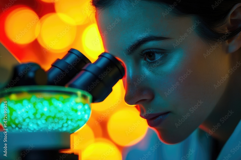 Poster a female scientist intensely observes samples under a microscope in a vibrant laboratory setting.