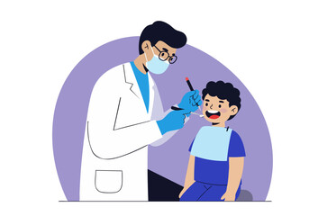 A friendly dentist examines a young boy with a mirror.  Bright, cheerful illustration celebrating National Dentist Day.  Focus on positive dental care.