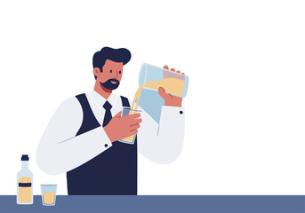 A stylish man pours a drink into a glass, celebrating Moonshine Day. A modern illustration with a professional aesthetic. Perfect for marketing and lifestyle content.