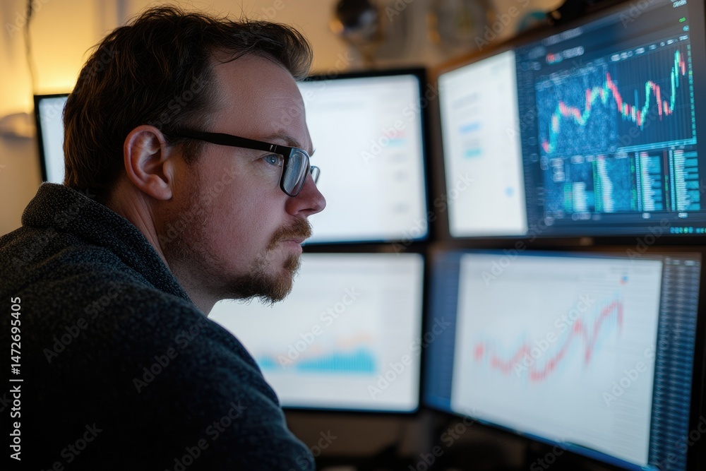 Aufkleber a man intently analyzes multiple stock market charts displayed on a multi-monitor setup, deeply focu