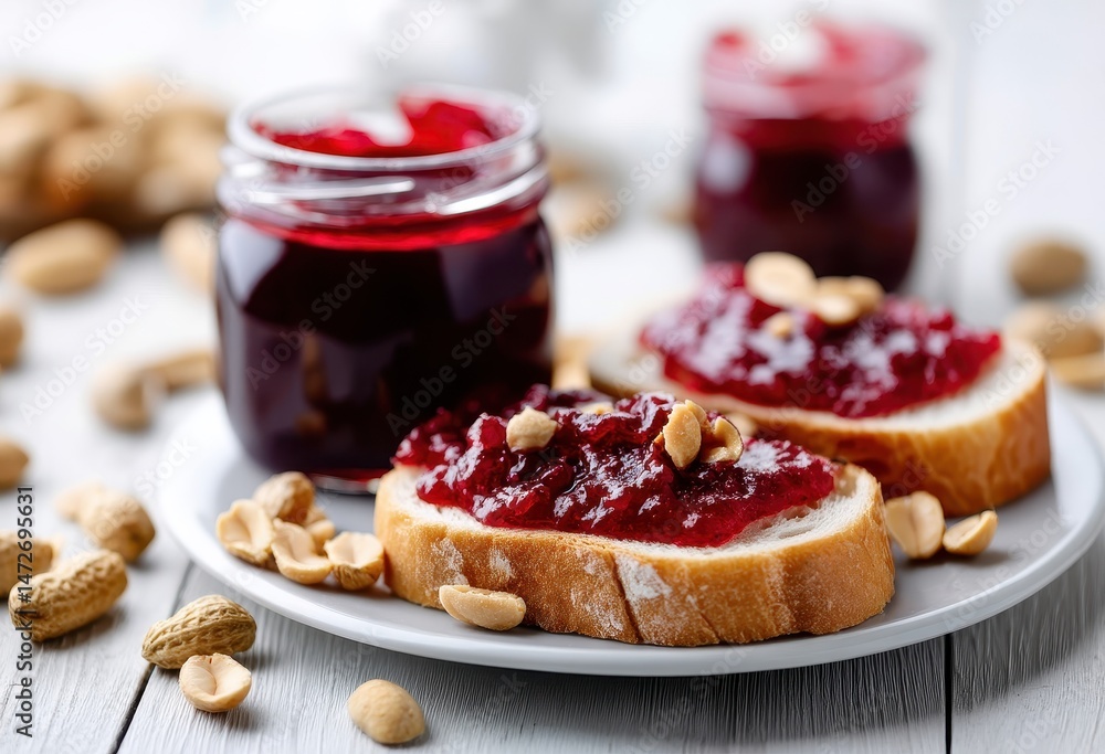Poster delicious toast with sweet berry jam topped with peanuts on a white plate surrounded by nuts and jar