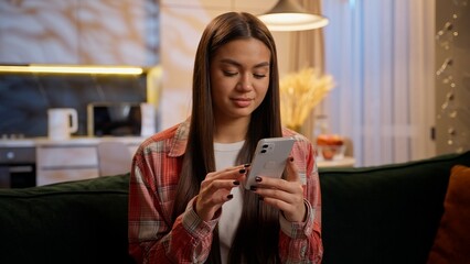 Female user girl scrolling social media gadget addict smartphone Caucasian woman mobile phone...