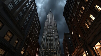 Towering Skyscraper Under Dark Clouds, Illuminated by Golden Sunset Glow — Mysterious Urban Landscape, Atmospheric Photography