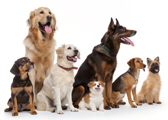 Diverse group of dogs of various breeds and sizes sitting together on white background, perfect for pet and animal stock content