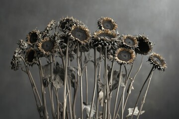 A bouquet of dried sunflowers, their dark brown petals and stems evoke a sense of autumnal melancholic beauty.