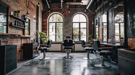 Obraz premium Modern Beauty Salon Interior with Stylish Chairs and Natural Light. Concept of Contemporary Design, Relaxing Atmosphere, Urban Chic, and Professional Haircare