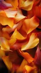 Soft-focus shot of curled autumn leaves, vibrant orange and yellow tones, moody background