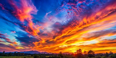Vibrant and colorful sunset sky over a scenic landscape with dramatic cloud formations and silhouetted trees