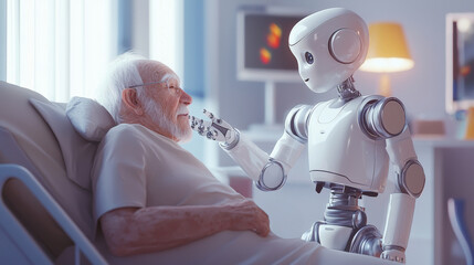 Compassionate medical robot assistant comforting elderly male patient in hospital room. Concept of healthcare support, robotic caregiving, elderly assistance, futuristic healthcare technology, care
