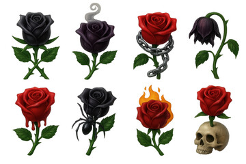 Fototapeta premium Gothic 3d rose icons set – chains, skull, flame, smoke, spider, bloom, wilt, drip. 3D icon set