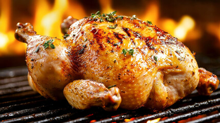 Delicious whole grilled chicken perfectly roasted on barbecue grill. concept of outdoor cooking, tasty barbecue, culinary expertise, flavorful dining experience