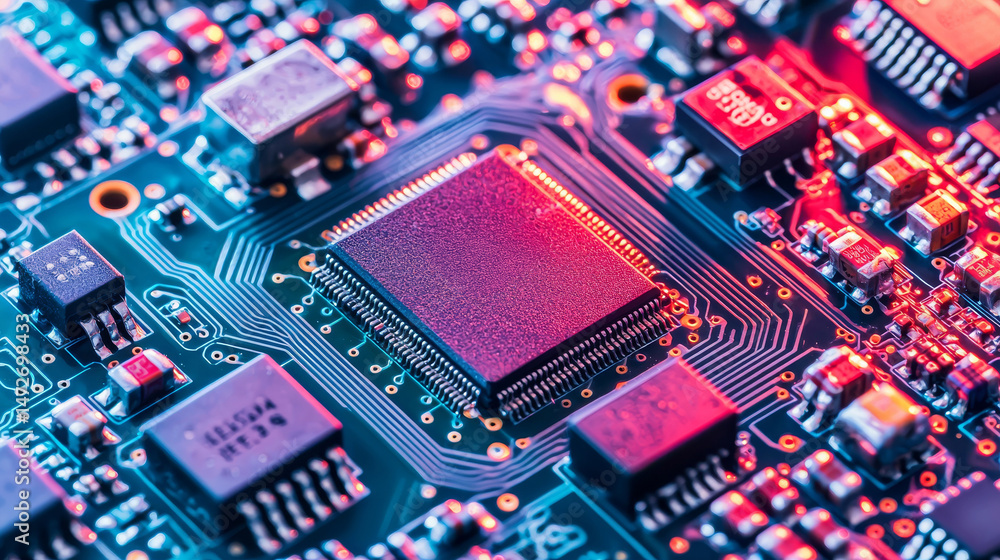 Aufkleber high-tech electronic circuit board with microchip highlighting engineering innovation and technologi