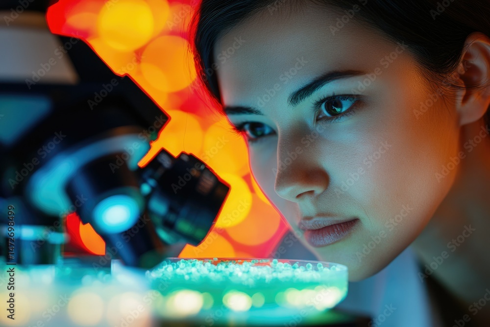 Poster a young scientist intently examines a sample under a microscope in a vibrant lab setting.