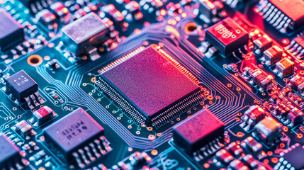 High-tech electronic circuit board with microchip highlighting engineering innovation and technological advancements in modern electronics