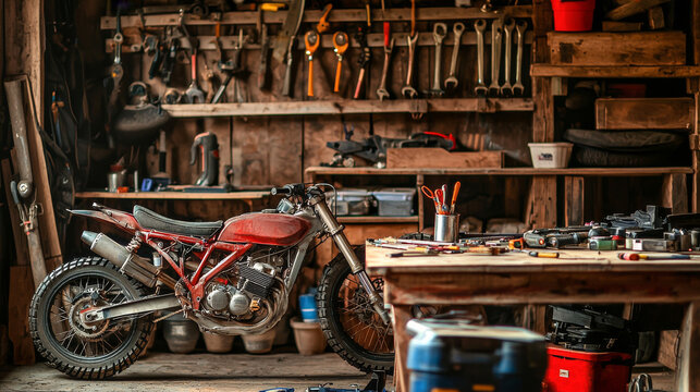Side view of motorcycle in workshop with tools. concept of engineering, mechanical craftsmanship, garage work, motorbike maintenance, repair shop, garage, service