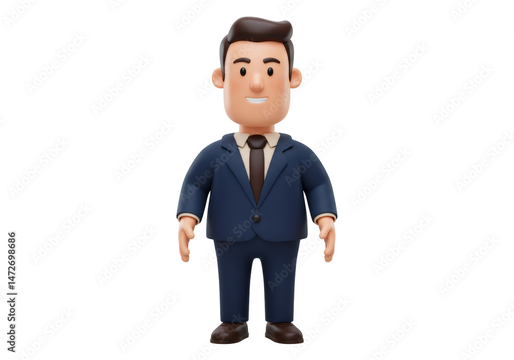 Fototapete 濃紺スーツとネクタイを身に着けている3dレンダリングされた漫画のキャラクターは透明な背景で笑顔と孤立してポーズをとっています