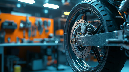 Fototapeta premium Close-up of motorcycle wheel in workshop setting. concept of engineering precision, mechanical innovation, automotive design, high-tech craftsmanship, repair shop, garage, service center, Copy space