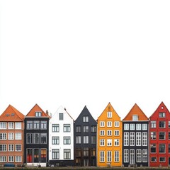 Fototapeta premium Bright Colorful European-Style Buildings Isolated on White Background — Urban Architecture for Real Estate, Travel, or Design Concepts