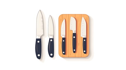 Kitchen knives with wooden block, and top view.