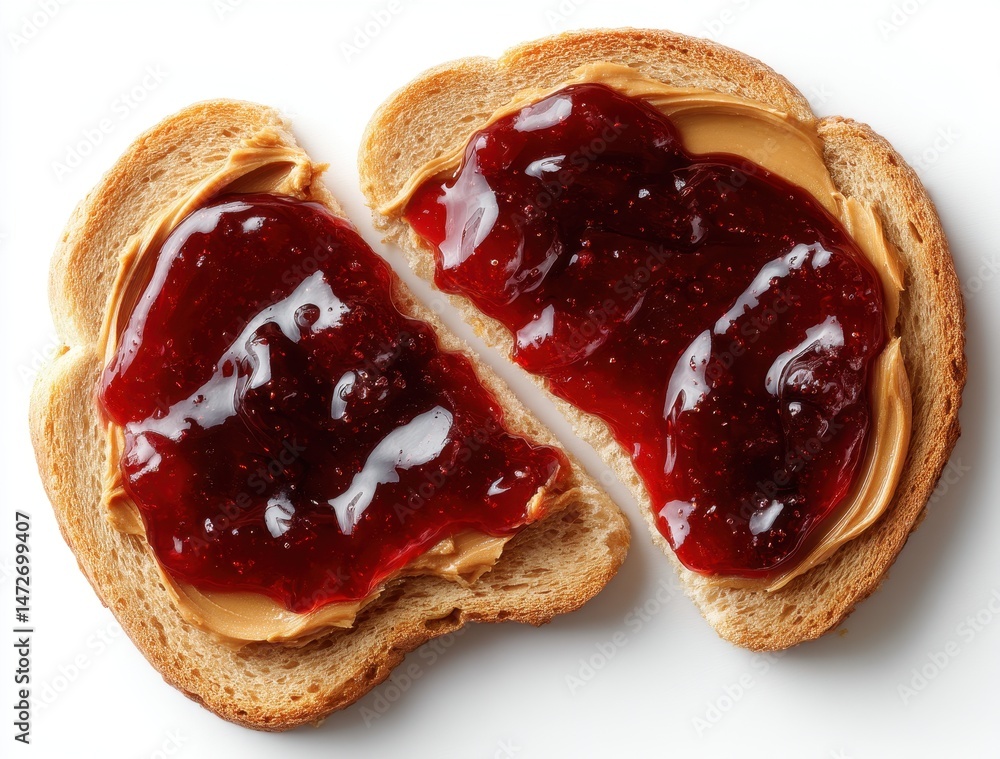 Poster deliciously creamy peanut butter spread on slices of toast with glossy grape jelly for a classic com