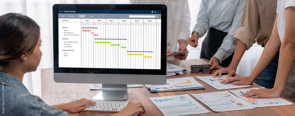 Poster Project planning software for brisk business project management on the computer screen showing timeline chart of the team project