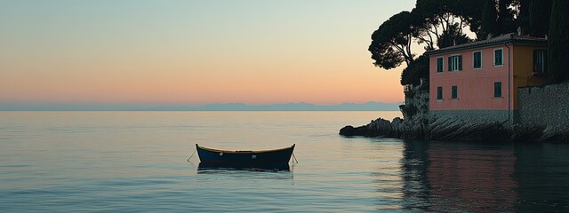 Scenic Coastal View of Colorful Buildings and Small Boat at Dawn — Calm Sea with Clear Reflections, Blue Sky, and Summer Light on the Aragonese Coast of Southern Italy