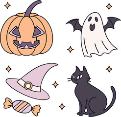 Flat Style Halloween Icon Pack Featuring Pumpkin Ghost Bat Witch Hat Candy and Black Cat in Soft Pastel Vector
Halloween Icon Vector Pack, Flat Halloween Symbols, Pastel Halloween Icons, Cute Hallowee