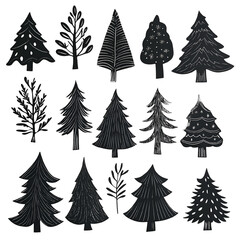 Fototapeta premium Hand drawn collection of christmas trees and evergreen illustrations on a black background
