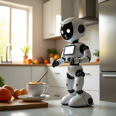 Cute AI robot helper in the kitchen