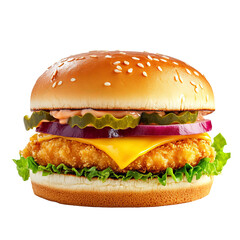 A mouthwatering crispy chicken burger with melted cheese, fresh lettuce, juicy red onion and tangy pickles, all sandwiched between a golden sesame seed bun. This image is perfect for food blogs.