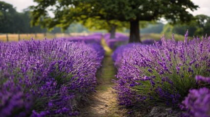 Obraz premium Rolling lavender fields in Provence with golden tree and scenic mountain sunset view