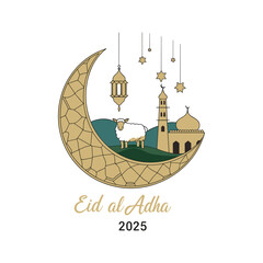 Eid al-Adha 2025 Crescent Moon with Mosque and Sheep Vector Illustration