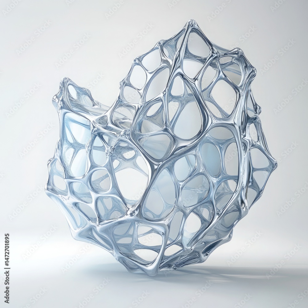 Poster abstract metallic spherical structure with intricate webbing, white background